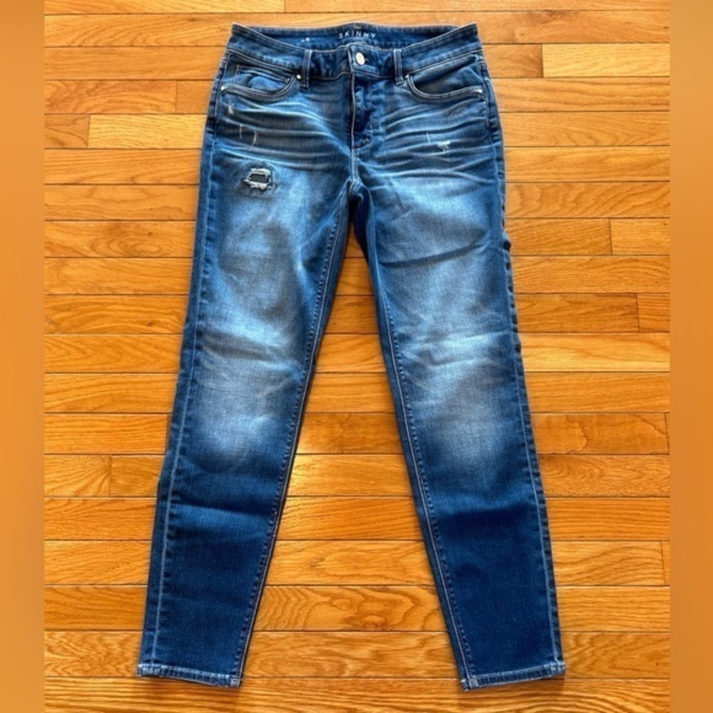 White House Black Market Skinny Ankle Distressed Whiskered Blue Denim Jeans Sz 6
